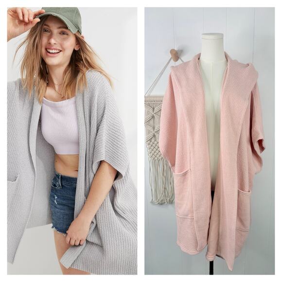 Aerie Pink Ribbed Hooded Sweater Cape Size Medium Longline Duster - Picture 1 of 9
